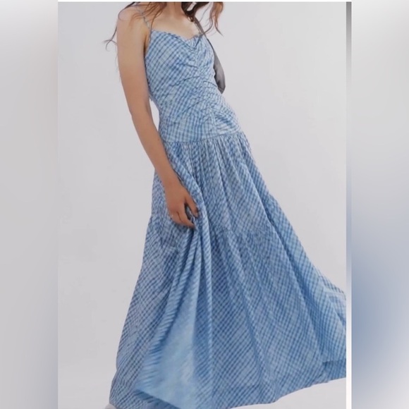 NEW Summer Away at Free People Roberta Dress Sz S Blue Ocean Checks Ruched - Picture 4 of 15